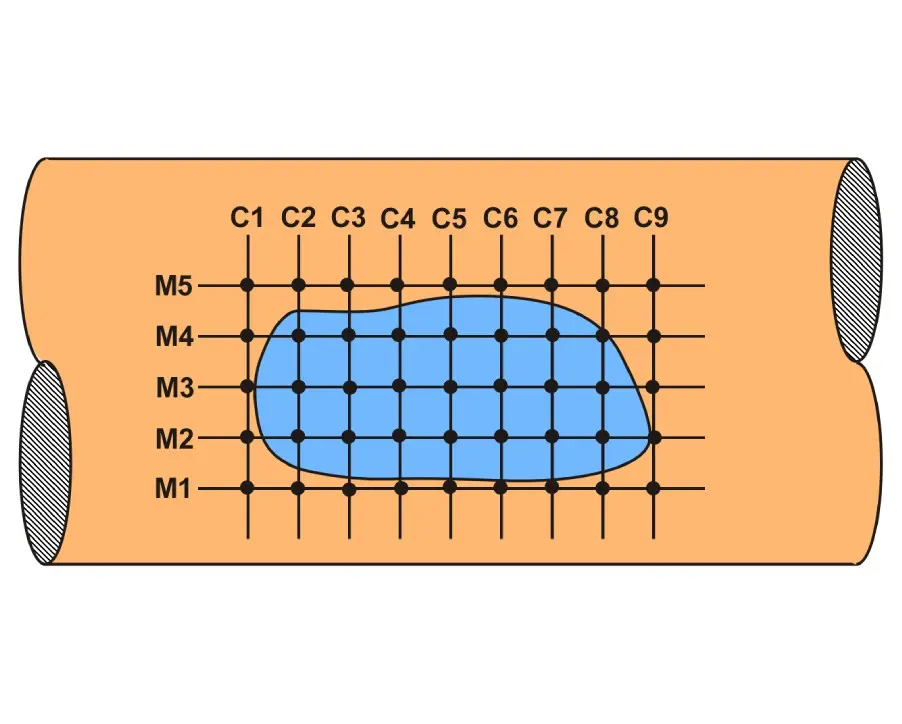 A blue oval with a grid of squares on it.
